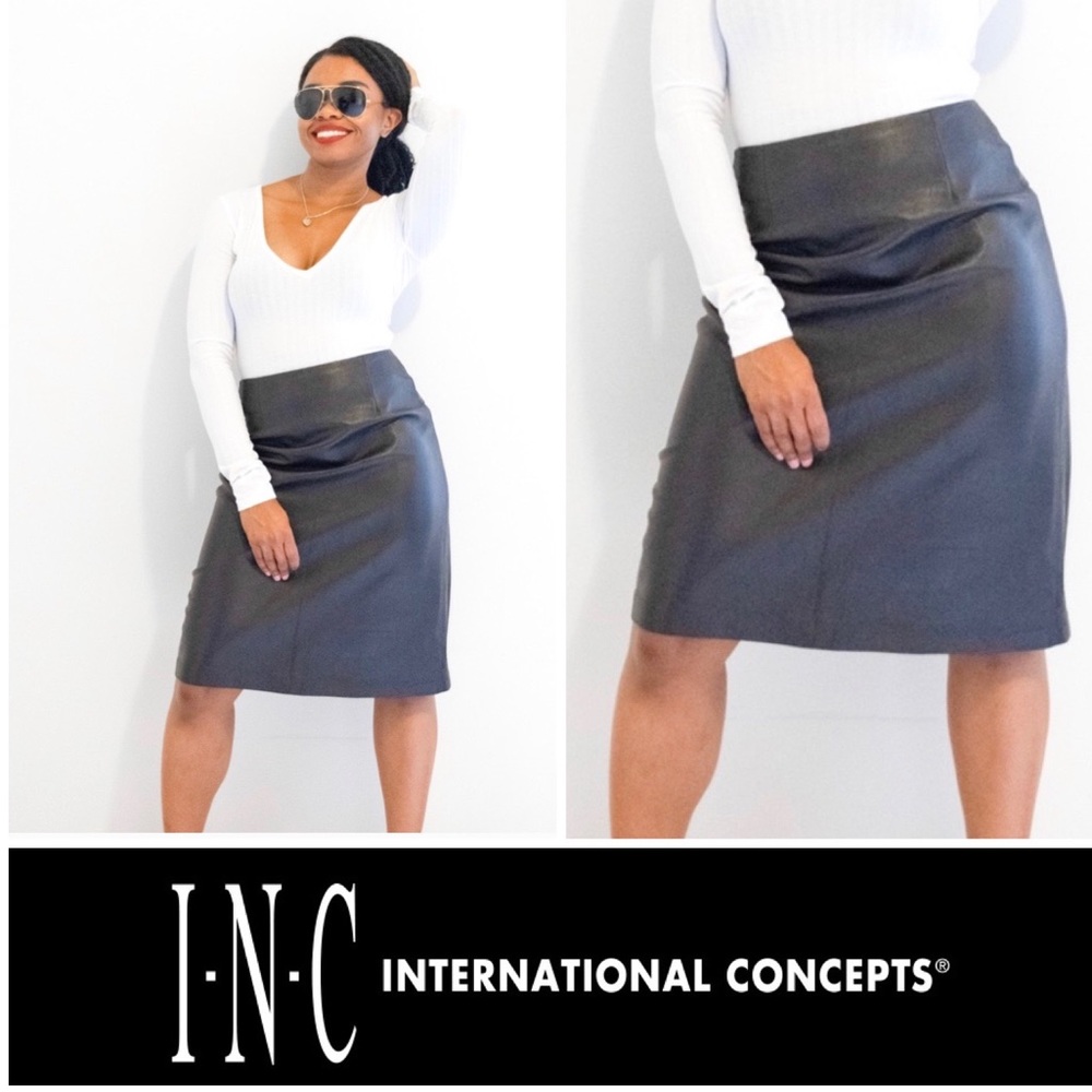 INC Genuine Leather Black Midi A-Line Skirt Size 2